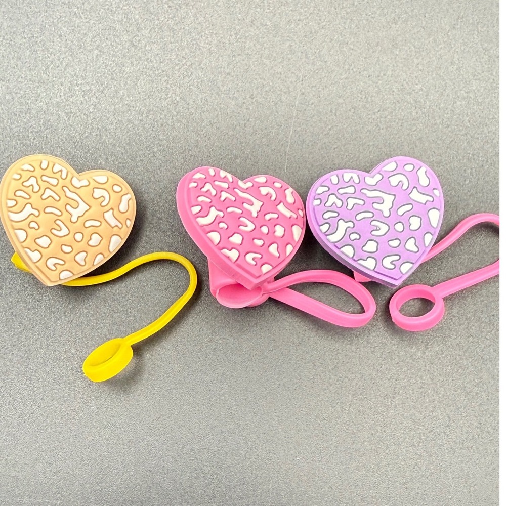 Heart Shaped Silicone Straw Topper Cap Covers Lot Of‎ 3 Pink Yellow